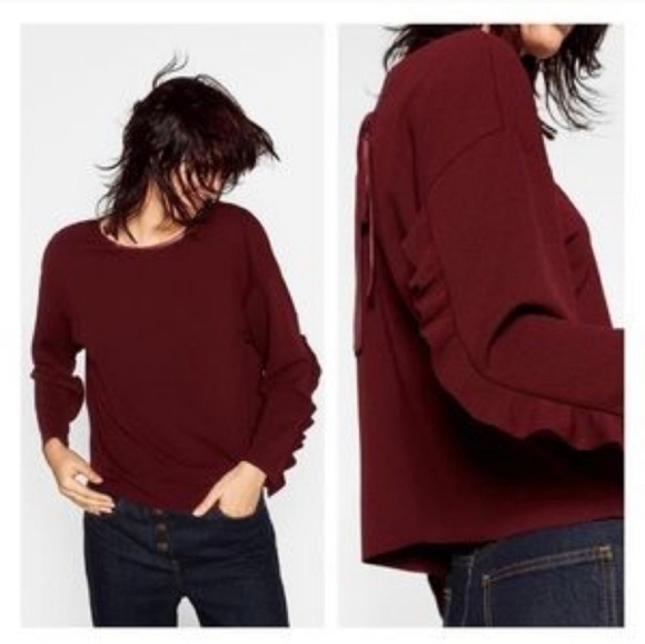 Zara Collection Burgandy Ruffle tie back Blouse - Picture 2 of 8